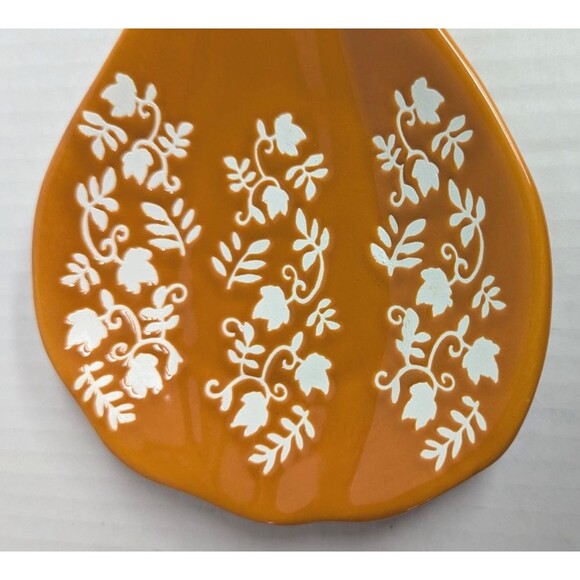 Pumpkin Gourd Spoon Rest Utensil Holder Orange White Flowers Kitchen Ceramic NEW - Picture 2 of 5